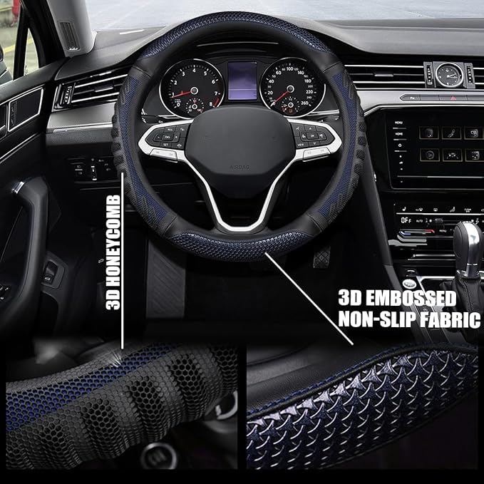 Car Steering Wheel Cover, Anti-Slip Leather Breathable Comfortable Automotive Steering Wheel Cover Protector Decoration for Men and Women, 15 Inch Universal for SUV, Truck, RV（Blue）