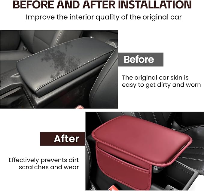 Car Center Console Cover, 11.6"×8.3" Leather Car Armrest Cushion Pad with 2 Storage Pockets, Comfortable Arm Rest Box Cover Mat for Most Vehicles, Universal Interior Accessories (Wine Red)
