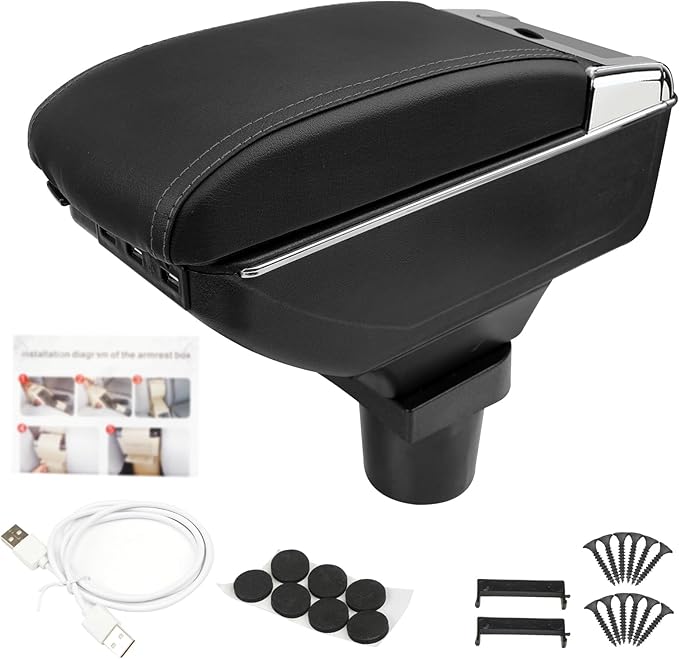 Center Console Armrest Compatible with Mini Cooper Coupe R50 R52 R53 R56 R57 R58 F55 F56 F57 Countryman with 7 USB Port Cup Holder Double Layer Organizer Storage Box (All Black)