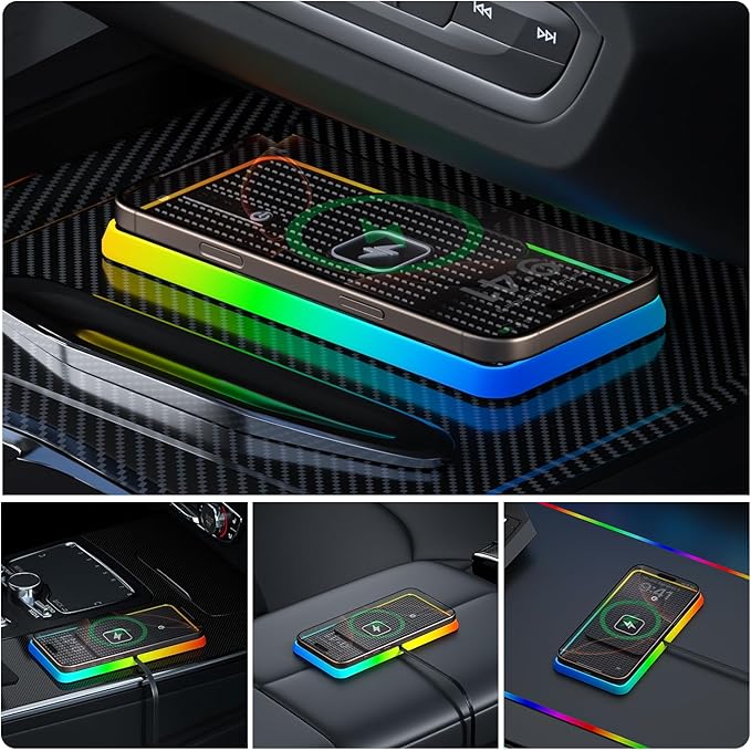 Wireless Charger Car Charging Pad,POLMXS 15W Wireless Phone Charger,RGB Cell Phone Cordless Charging Mat Compatible with iPhone 16/15/14/13/12 Galaxy S23 S22 S21 Note10(k1)
