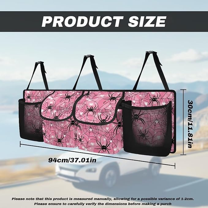 Pink Spiderweb Car Trunk Organizer Bag Car Back Seat Hanging Storage Bag Auto Cargo Bags with 4 Large Pockets Universal Automotive Interior Accessories