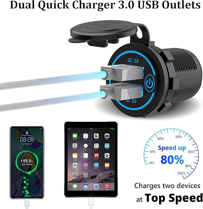 QC3.0 Dual USB 12V Outlet with Touch Switch: 12 Volt Marine Socket Golf Cart USB Port DC Car Charger Waterproof Power Adapter Cigarette Lighter Mount Fast Charge for Boat Motorcycle ATV RV