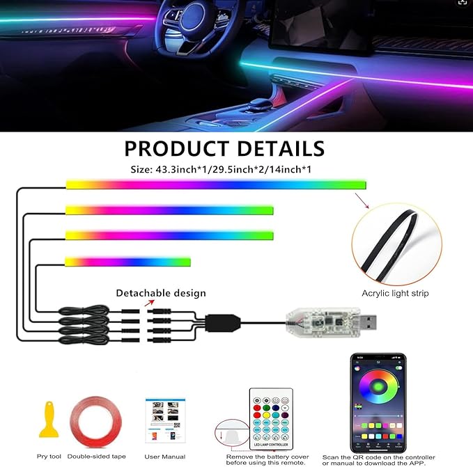 Acrylic Interior Car LED Strip Light with APP Remote Control, 116in 4 in 1 USB RGB Dreamcolor Neon Flexible Strip Fiber Optic LED Ambient Lighting Kits,RGB Music Lights Sync for Inside car Decorations