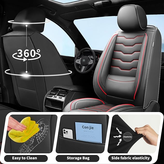 Fit Tucson Car Seat Covers Premium Leather for Hyundai Tucson 2010-2025 2026. Waterproof， Breathable, Scratch-Resistant & All-Weather Seat Cushion Protector (Full Set, Red Line Black)