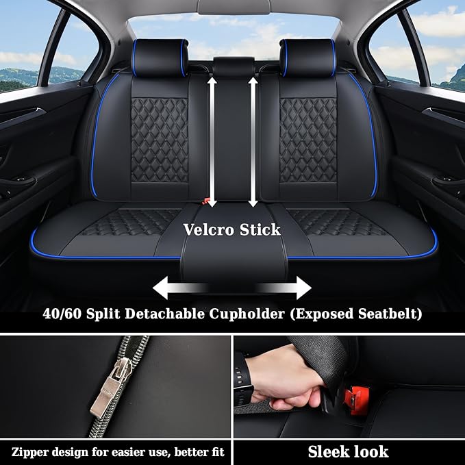 Coverado Full Set Car Seat Covers, Front & Back Luxury Faux Leather Waterproof Seat Covers,Car Seat Protectors, Universal Fit for Most Vehicles-Black & Blue