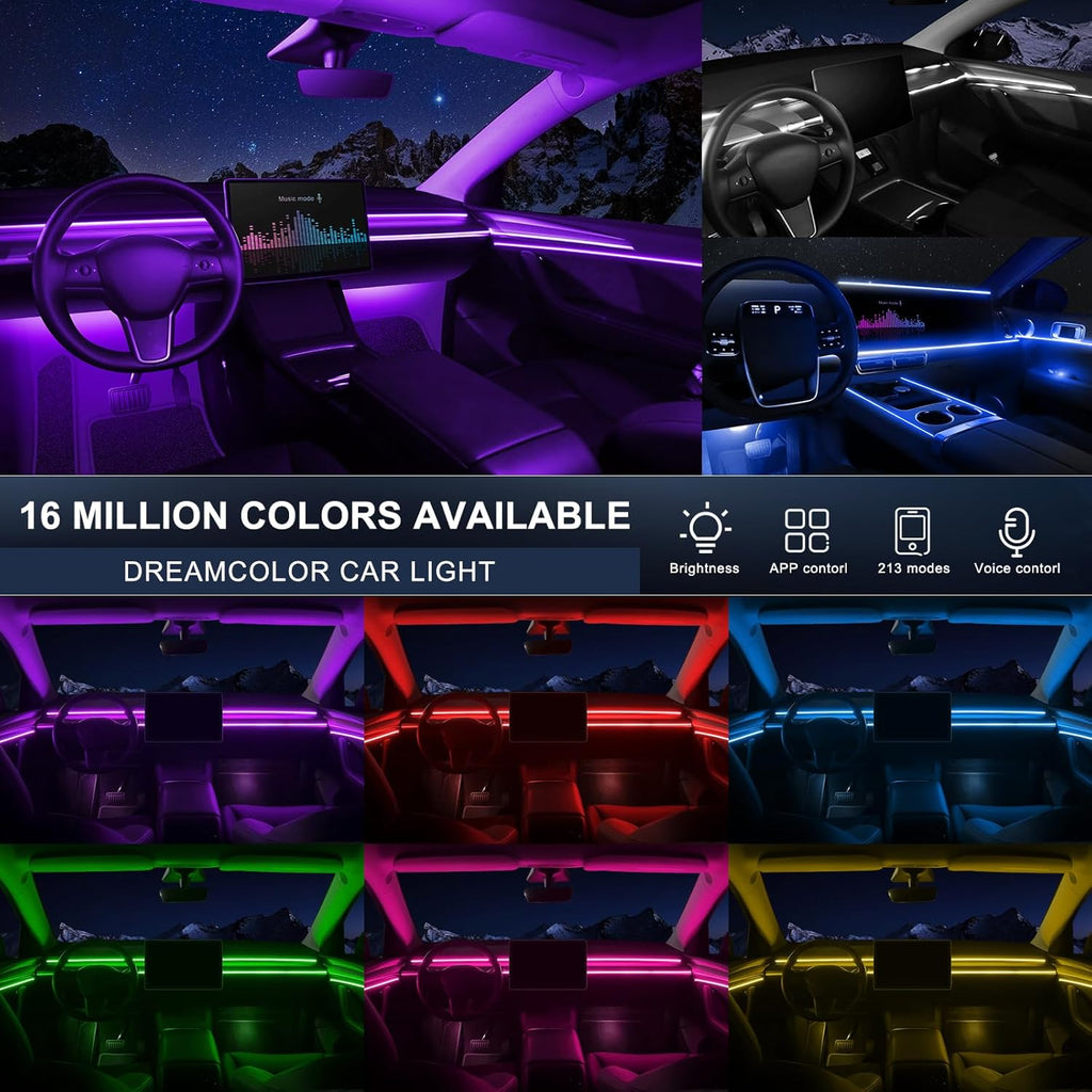 Acrylic Interior Car LED Strip Light with Wireless APP, RGB 14 in 1 with 175 inches 600 LEDs Fiber Optic Car Ambient Lighting Kits, 16 Million Colors Sound Active Function LED Strip for Car