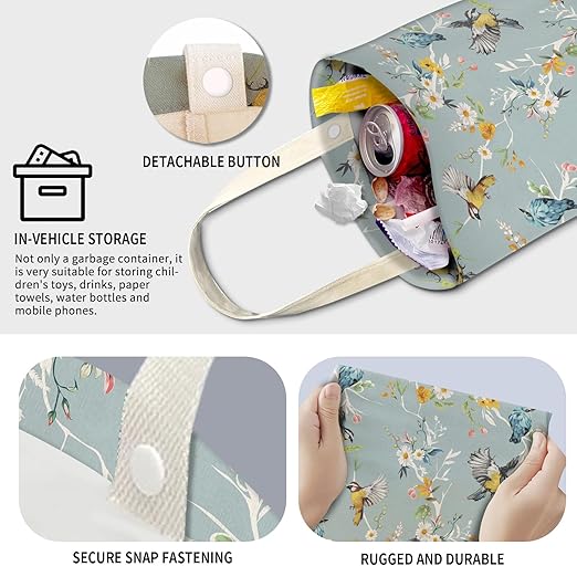 Cute Car Trash Can, Hanging Canvas Car Back Seat Organizer and Storage Bag, Funny Car Trash Bag For Travelling, Outdoor Cute Blue Bird Flower