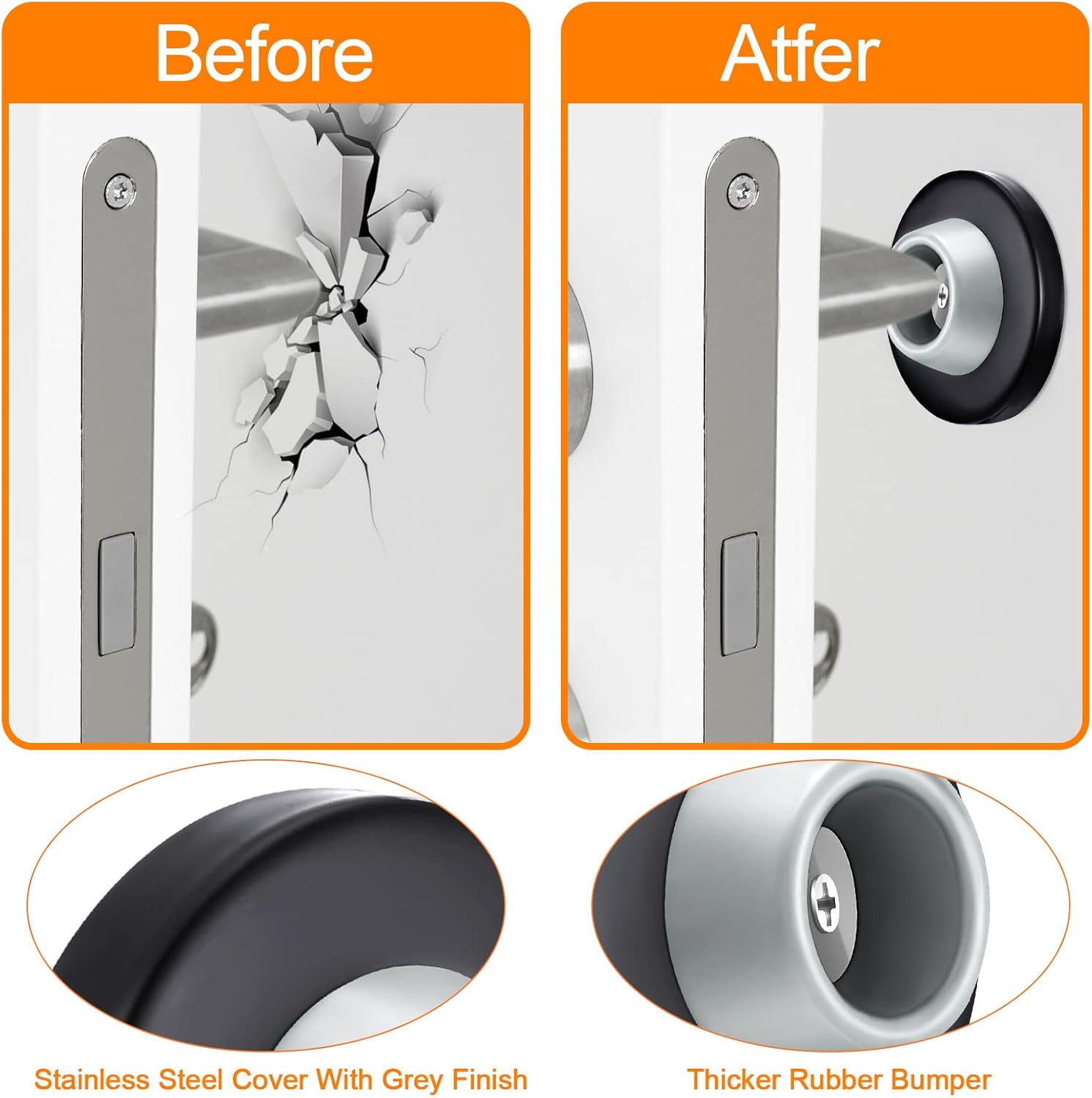 Blulu Concave Wall Door Stopper Door Bumper Stainless Steel Wall Protector Flush Bumper with Grey Rubber Concave Knob Cover Stopper(Silver, Black,2 Pieces)
