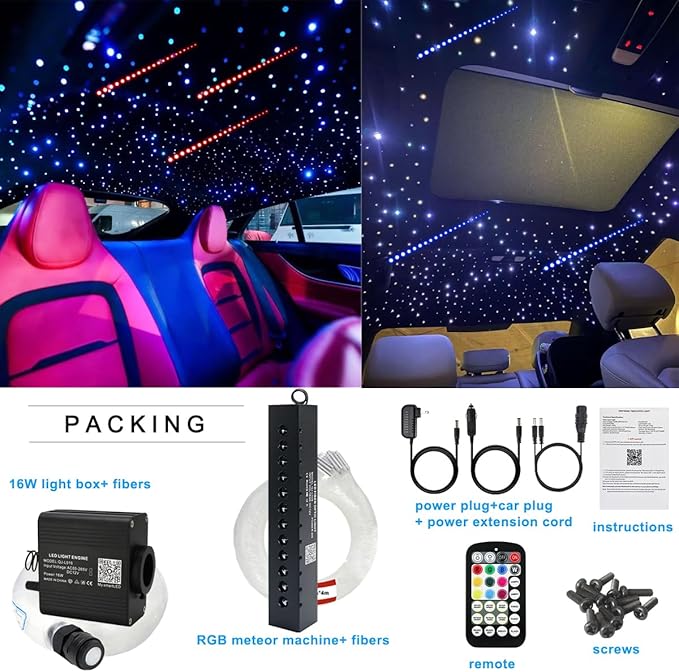 AZIMOM 16W Twinkle & Sound Activate 600pcs*0.03in*13.1ft Fiber Optic Starlight Headliner Kits+RGB Meteor Shooting Star,APP& Remote Control Light Engine End Glow Fiber Strands Home Car Ceiling Décor