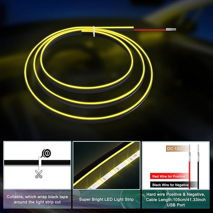 Acrylic Interior Car LED Strip Light with 6mm Sewing Edge - 43.3 inches Ambient Lighting Kits,Neon LED Strip Light(110CM/43.3IN, Yellow)