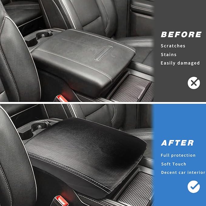 INTGET Car Center Console Armrest Cover for 2022 2023 Dodge Ram 1500 2500 3500 Accessories 2019 2020 2021 Arm Rest Box Lid Protector Pad Cushion Dog Seat Cover (Black with Carbon Fiber Texture)