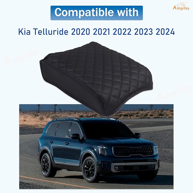 Aunginsy Car Leather Center Console Protector Cover Compatible with Kia Telluride 2020-2026 Center Console Armrest Seat Box Cover Cushion Lid Protector Pad Waterproof Anti-Scratch Interior Accessories