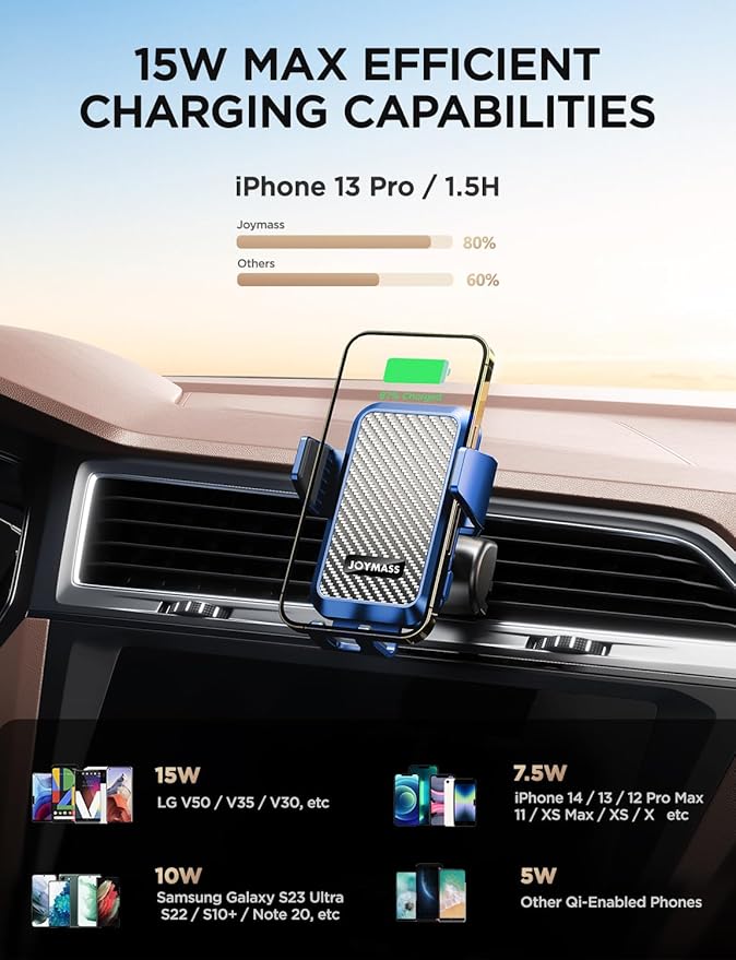 Wireless Car Charger, JOYMASS 15W Fast Charging Auto Clamping Car Charger Cell Phone Holder Mount Vent for iPhone 15 14 13 12 Mini Pro Max, Samsung Galaxy S24 Ultra S23 S22 S21+ Note 20, etc - Blue