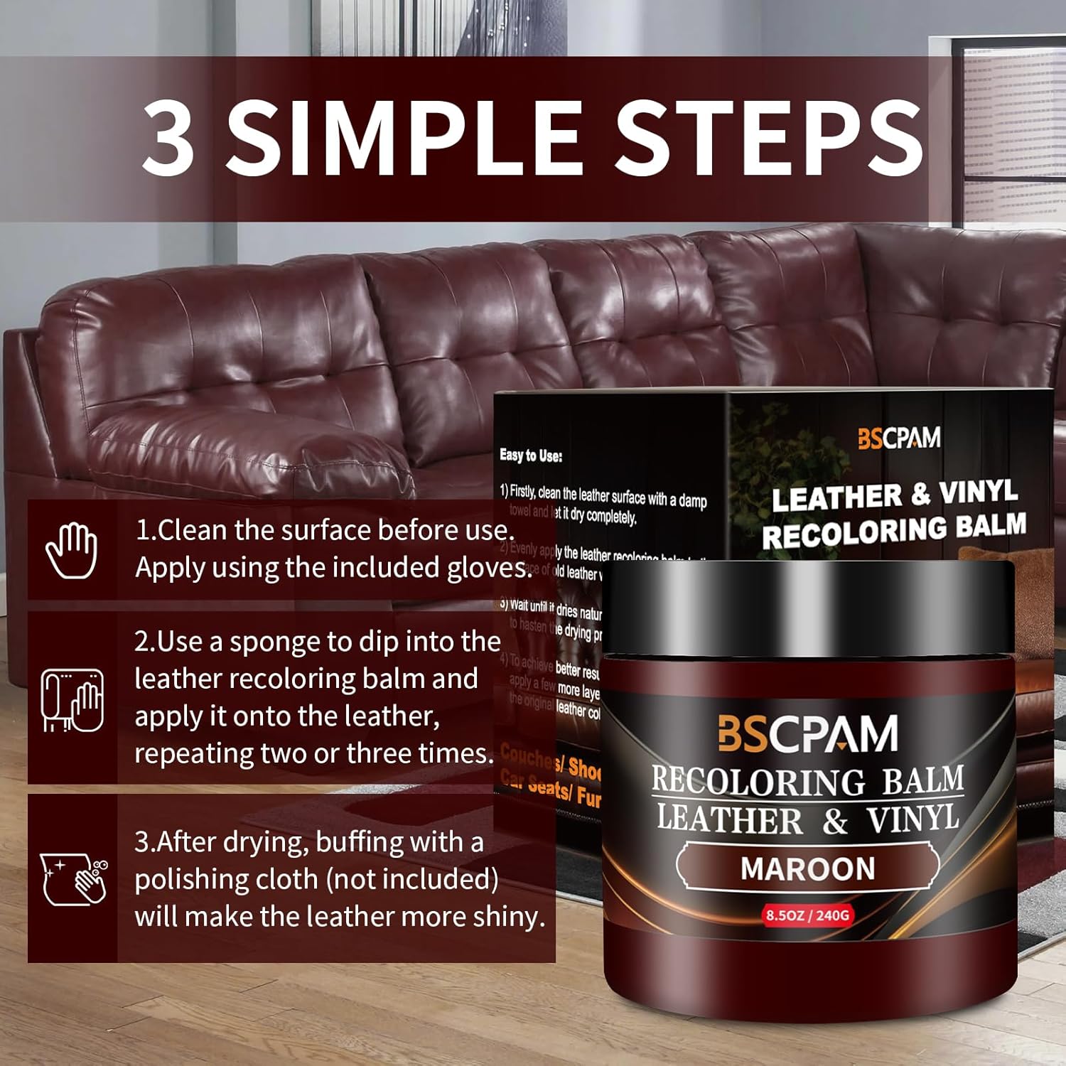 Maroon Leather Recoloring Balm,Leather Couch Scratch/Stain Remover,Leather Repair kit for Vinyl Furniture and Car Interior,Leather Dye Paint for Scratched and Faded Leather Couches