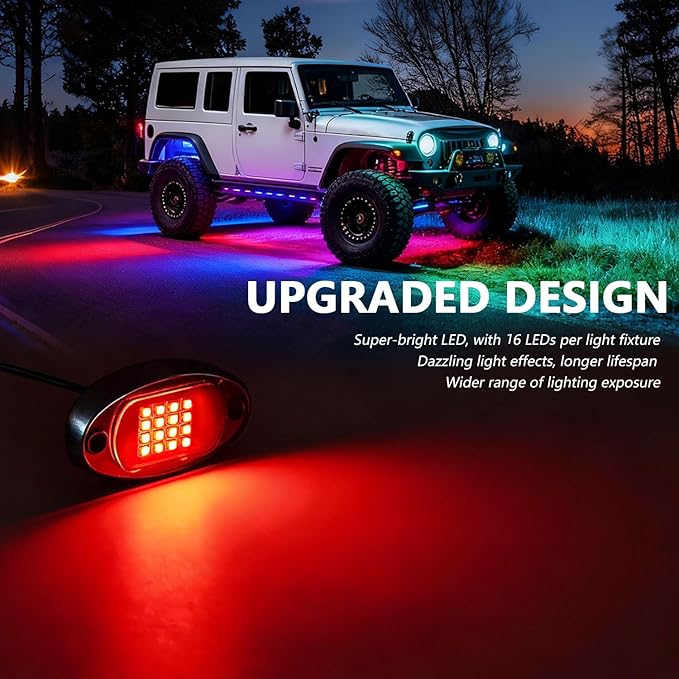 Kairiyard 4 Pods Rock Lights for Trucks, RGB APP Control Music Mode Multilcolor Waterproof High Bright LED UTV ATV RZR Underglow kit