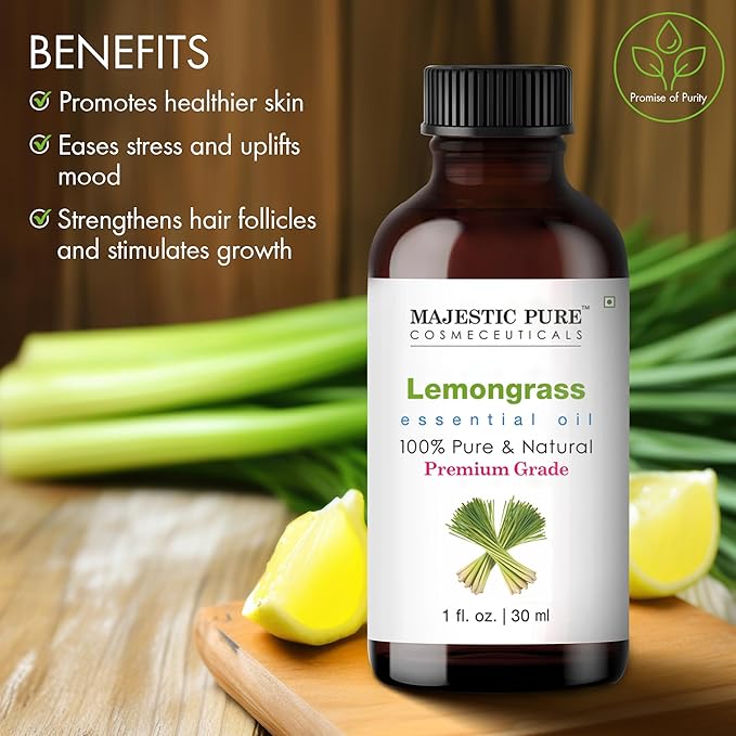 Majestic Pure Essential Oil with Glass Dropper - 100% Pure and Natural - Essential Oils for Diffuser, Aromatherapy, Soap and Candle Making, Lemongrass Essential Oil, Lemongrass Oil, 1 Fl Oz