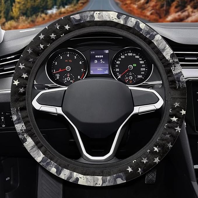 SEANATIVE Gray US Flag Auto Steering Wheel Cover Auto Interior Protector Accessiores,Non-Slip Universal fit 15 inch, for Van Car Sedan SUV