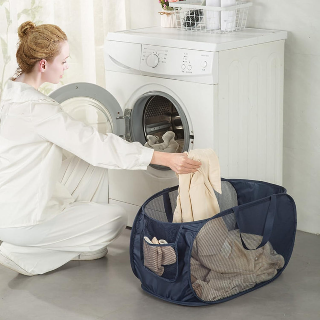 HONOMA Sturdy Mesh Laundry Hamper Basket Bag,Pop up Basket with Side Pocket for Laundry Room, Bathroom, Kids Room, College Dorm or Travel (Pop Horizontal, Black)