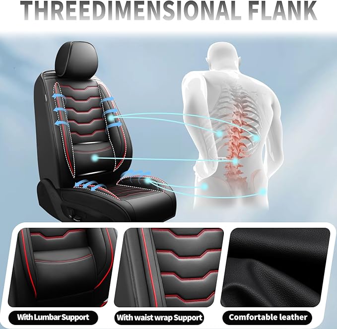 Fit Versa Car Seat Covers Compatible with Nissan Versa 2008-2025 2026 - Premium Leather，Waterproof Breathable，All-Weather Seat Cushion Protecto&Airbag Compatible (2 Front Seat Red Line Black)