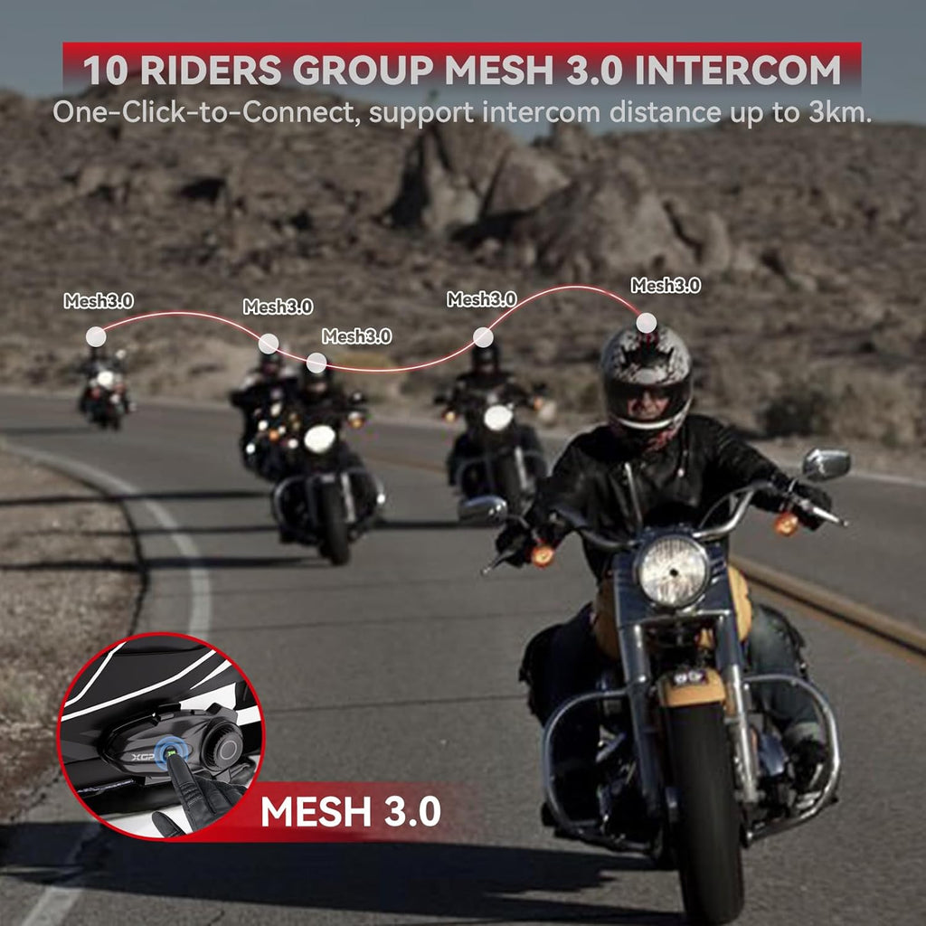 X10 10 Riders Group Mesh Motorcycle Intercom, 3000m Motorcycle Bluetooth Headset V5.3 with Audio Multitasking/Music Sharing, Helmet Communication Systems for ATV/Snowmobile/Ski, 2 Pack