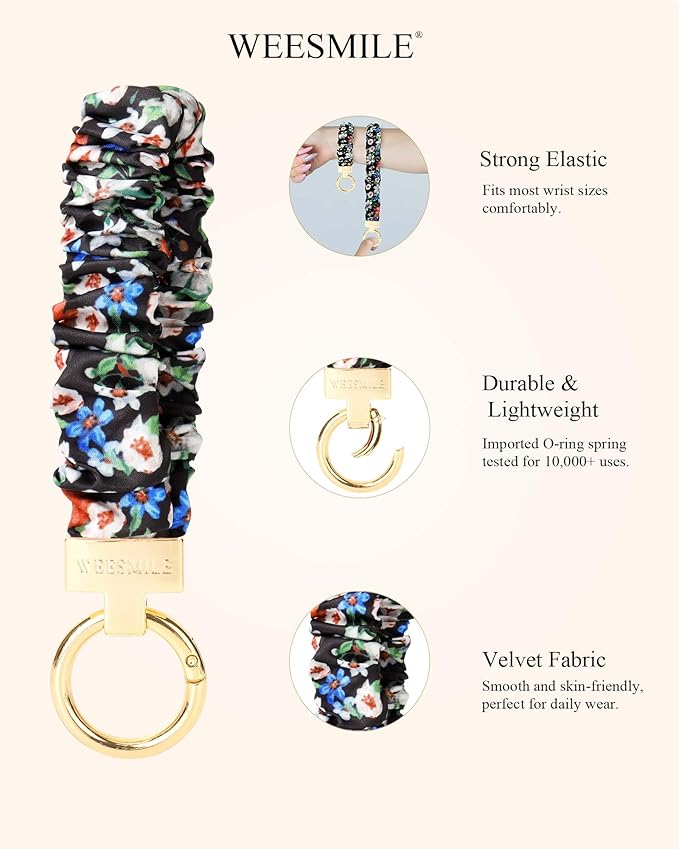WEESMILE Keychain Wristlet, Stretchy Key Chain for Car Keys with D ring, Cute Scrunchie Wrist Bracelet for Women Men