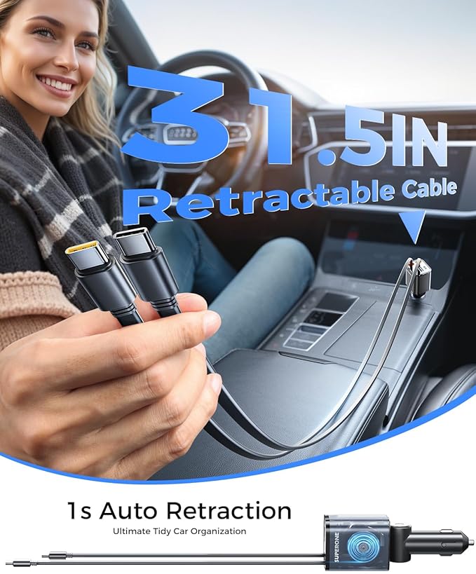 SUPERONE Retractable Car Charger, [Ultra-Compact] 6-Port Car Charger USB C, iPhone Car Chargers Fast Charging with Dual USB C Cables, RV Power Adapter for iPhone 17/16/15/14/13/12 Series