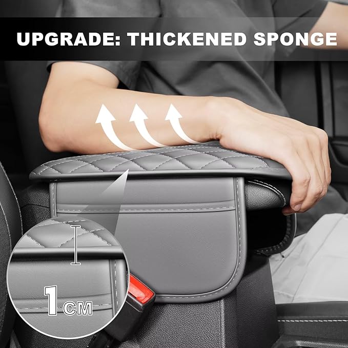 Upgraded Car Center Console Cover Fit for RAV4 Faux Leather Car Armrest Cover Cushion with 2 Storage Bags,Car Armrest Storage Box Interior Accessories(Grey&Whiteline)
