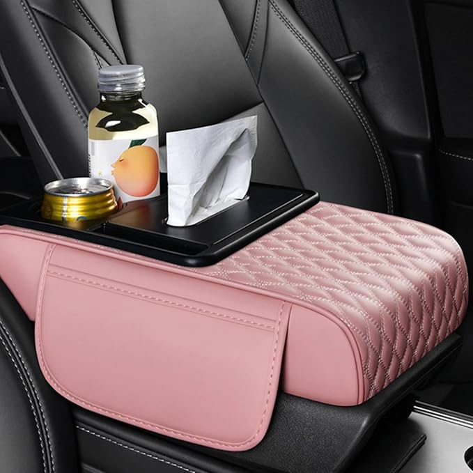 Car Center Console Armrest Pad, Arm Rest Box Cushion with Ergonomic Height Boost, Storage Pockets, Built-in Tissue Box, Cupholder, Fit for Most Sedan Vehicles (Embroidery Water Ripple, Pink)
