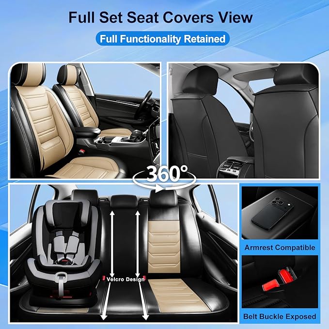 Fit Bolt Car Seat Covers for Select Chevrolet Bolt/Bolt EUV 2017-2025, Premium Full Coverage Leather, Airbag Compatible, Waterproof All Weather Seat Cushion Protector, Full Set, Black+Beige