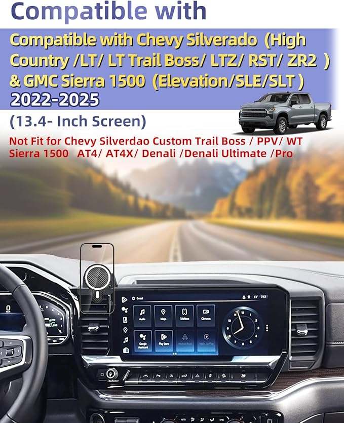 PZK Car Phone Mount for 2022-2025 2026 Chevrolet Silverado 1500/GMC Sierra 1500 LT/RST/ZR2/LTZ/LT Trail Boss Accessories 13.4-Inch Screen Chevy Car Phone Holder Magnetic 15W Fast Wireless Charger