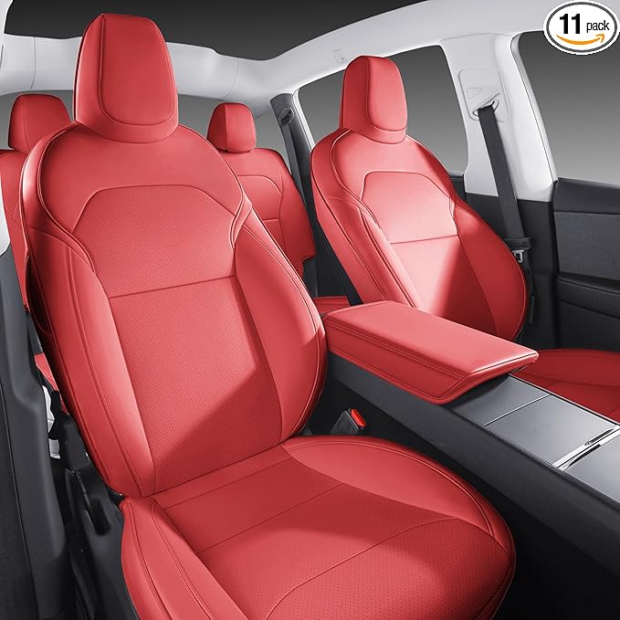Car Seat Covers for New 2025 Tesla Model Y Juniper Nappa Leather Car Interior Seat Airbag Compatible Cushion Cover Full Set Custom Fit 2025-2026, Nappa Wine Red