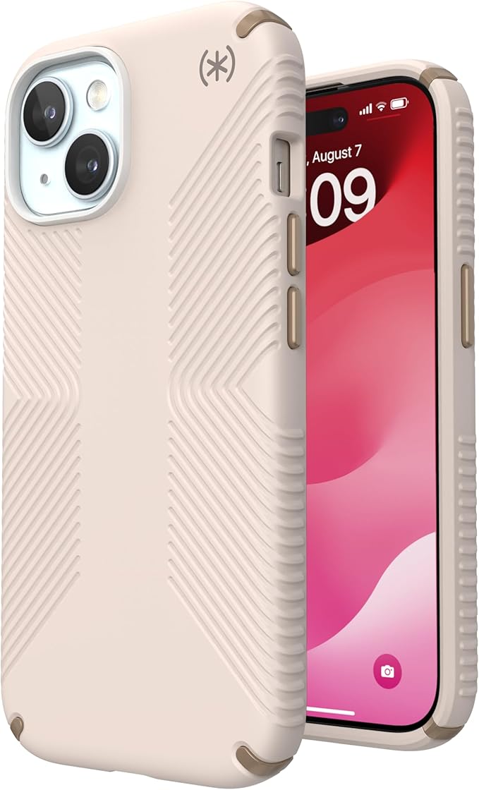 Speck Presidio2 Grip iPhone 15 Case - 6.1 inch - Compatible with iPhone 14 & 13 - Bleached Bone/Heirloom Gold/Hazel Brown