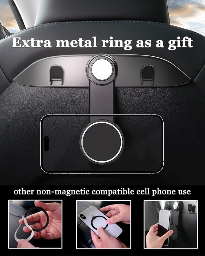 1 Pack Car Seat Hooks & Magnetic Phone Holder for Tesla Model Y(Juniper) Model 3(Highland) Accessories 2025 2024 2023 2022 2021, Car Seat Back Storage Purse/Bag/Hat Hook for iPhone