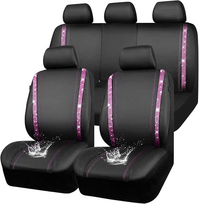 CAR PASS Bling Diamond Car Seat Covers Full Set, Shining Rhinestone Waterproof Faux Leather, Rear with Zipper, Universal Fit Automotive Glitter Crystal Sparkle Strips for Women Girl, Black Pink