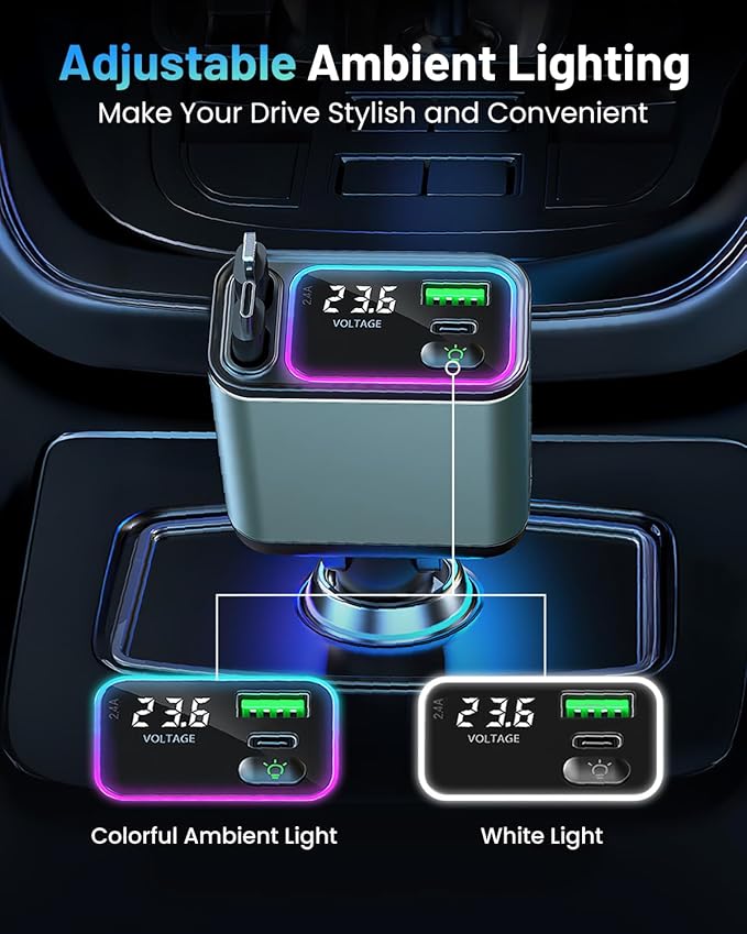 4 in 1 Retractable Car Charger with RGB Light, 92W Fast Charging USB C Car Adapter, Compact Car Phone Charger for iPhone/Galaxy/Pixel, Car Accessories for Women Men (Lightning + Type C Cable)