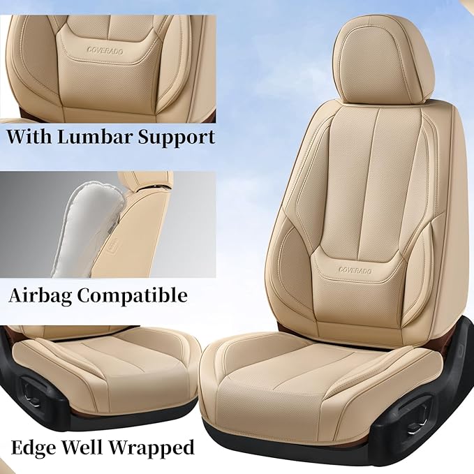 Coverado Car Seat Covers Full Set, Seat Covers for Cars, Beige Car Seat Covers Front Seats and Back Car Seat Protector Waterproof, Leather Car Seat Cushion Universal Fit for Most Cars