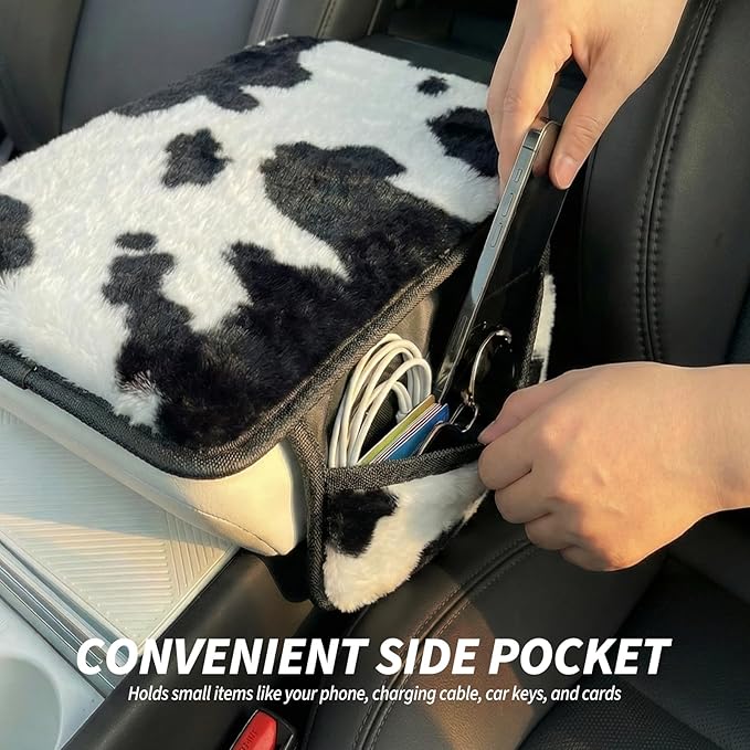 Plush Cow Print Car Center Console Cover with Side Pockets, Fluffy Armrest Cushion Pad,Soft Cow Car Interior Decorations Accessories with Storage for Women,Universal Fit for Vehicles SUV Truck