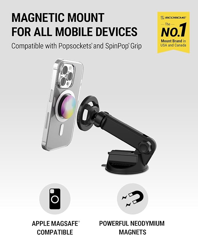Scosche MagSafe Car Mount, Suction Cup Magnetic Windshield/Dashboard Cell Phone Holder with Vent Clip & Adjustable Flip Arm Compatible with PopSocket, iPhone 17/16/15/14/13/12, Samsung Galaxy, 2-Pack