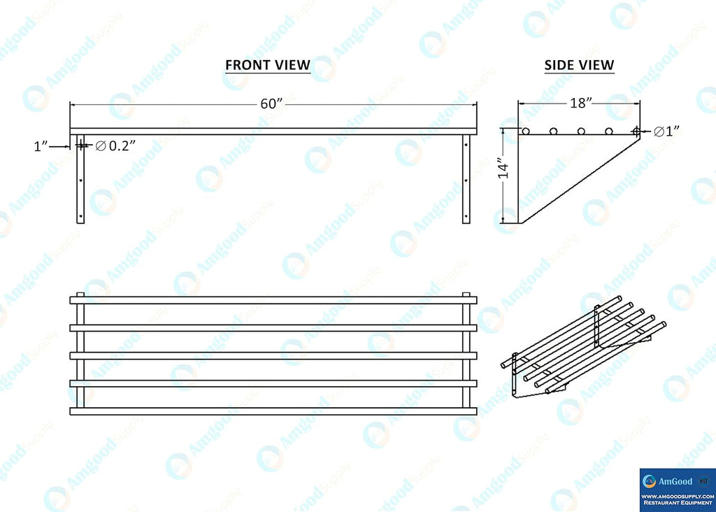 AmGood 18 in. x 60 in. NSF Stainless Steel Tubular Wall Shelf | Heavy-Duty Metal Shelving for Appliances & Equipment | Ideal for Kitchen, Restaurant, Garage, Laundry, Utility Room