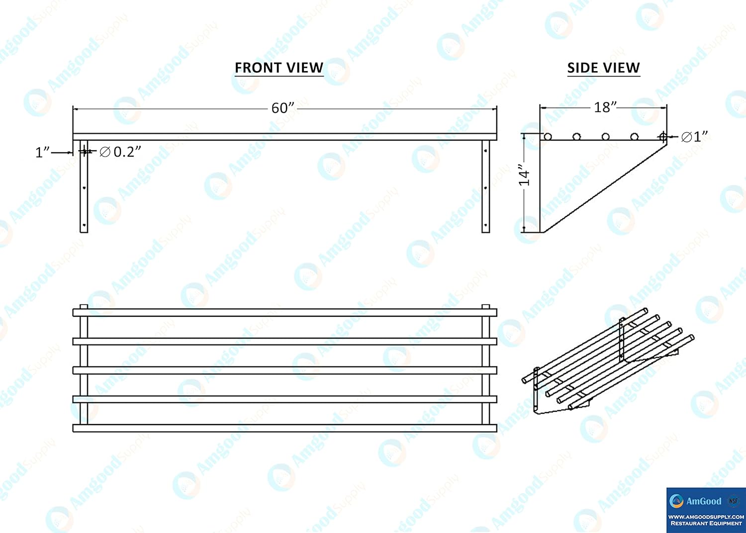 AmGood 18 in. x 60 in. NSF Stainless Steel Tubular Wall Shelf | Heavy-Duty Metal Shelving for Appliances & Equipment | Ideal for Kitchen, Restaurant, Garage, Laundry, Utility Room