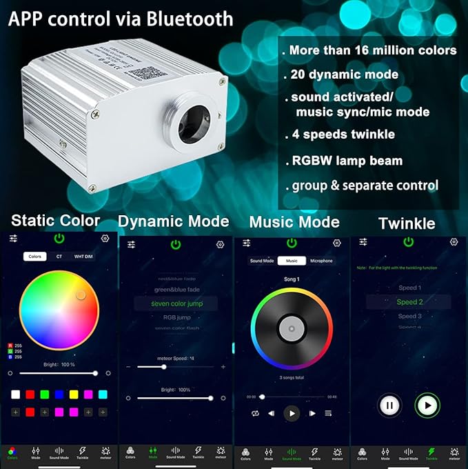 AZIMOM Bluetooth 10W Twinkle Fiber Optic Lights Star Ceiling Light Kit 550pcs0.03in13.1ft Fibers Strands Sound Activated RGBW APP/Remote Light Engine for Car Home Starlight Headliner Decor