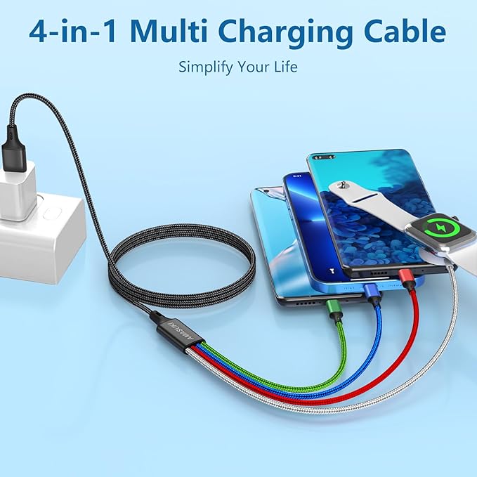 2Pack Multi Charging Cable for Apple Watch Charger 4 in 1 Travel Essentials RV Camping Essentials USB C/L/Micro Compatible with iWatch Series 11-1/iPhone 17/16/15/Android Airplane Gadgets-4FT