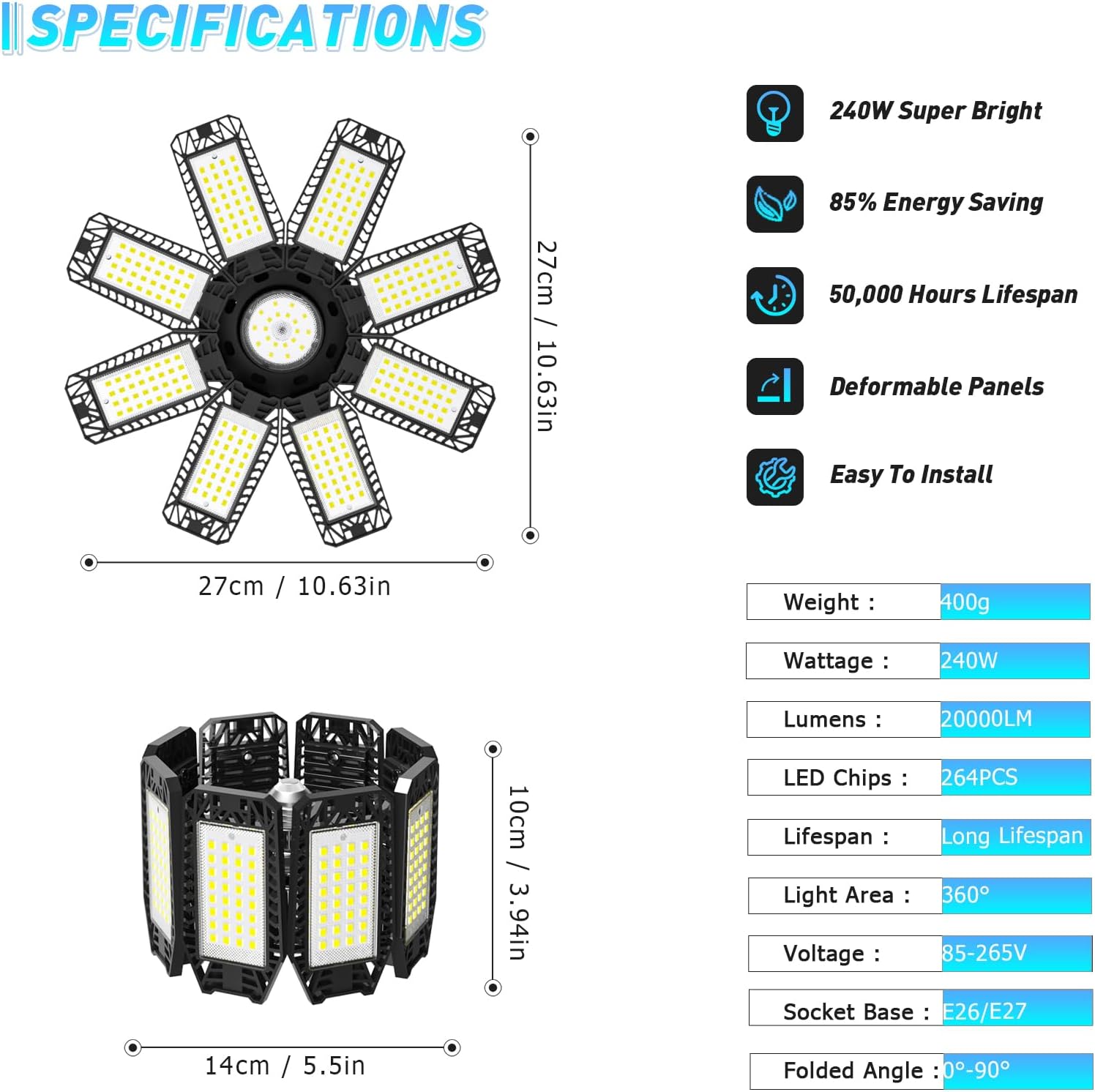 Garage Light - 240W 24000LM 6500K Garage Lights Ceiling LED with 8+1 Deformable Panels, E26/E27 Screw Socket in LED Shop Light for Workshop, Basement, Gym, Barn, Warehouse etc Bay Lighting