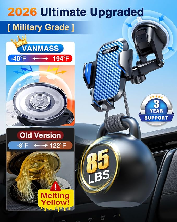 VANMASS Phone Holders for Your Car 2026 Ultimate Phone Mount Military-Grade Windshield Dashboard Vent【Newest Best Strongest】 Cell Phone Car Mount for iPhone 16 Pro Max 15 Samsung Android,Blue