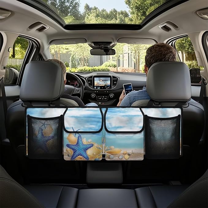 Foldable Car Backseat Trunk Organizer Beach Starfish Conch Collapsible Cargo Bag for SUVs&Sedans Auto Hanging Seat Back Storage