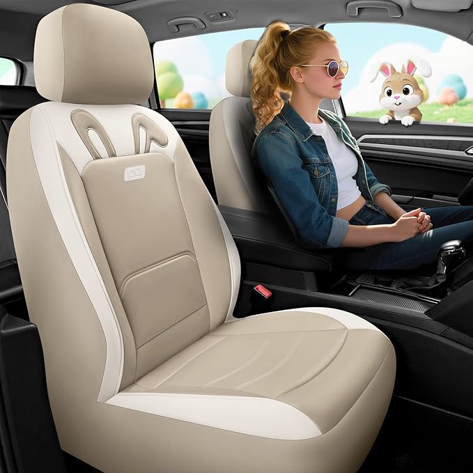 PIC AUTO Car Seat Covers, Cute Rabbit Premium Beige Leather Seat Covers, Universal Fit Front Seat Covers for Cars, Trucks, SUVs, Soft & Wear-Resistant Auto Interior Protection with Airbag-Compatible