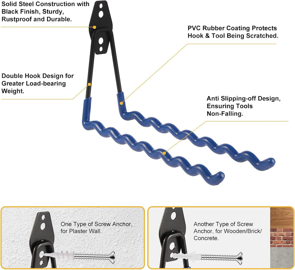 Wall Mounted Garage Hooks Tool Organizer, 12.4 Inch Garage Storage Hook Heavy Duty Utility Wall Hangers Blue for Ladders, Hose, Garden Tools, Set of 4