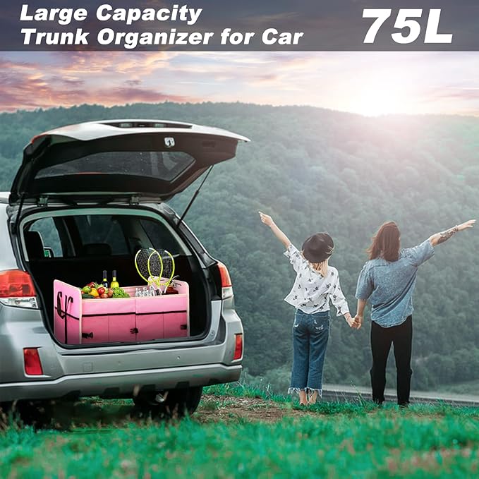 Car Trunk Organizer with Individual Cooler Bag - 2 Compartment Collapsible Car Storage for SUV (Pink)