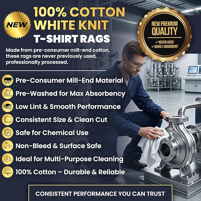 Premium White T-Shirt Cleaning Rags (1 lb. Bag) – White Cotton Rags for Cleaning, Staining, Painting, Oil, Grease & Dust Removal – Shop rag Bulk for Multipurpose use