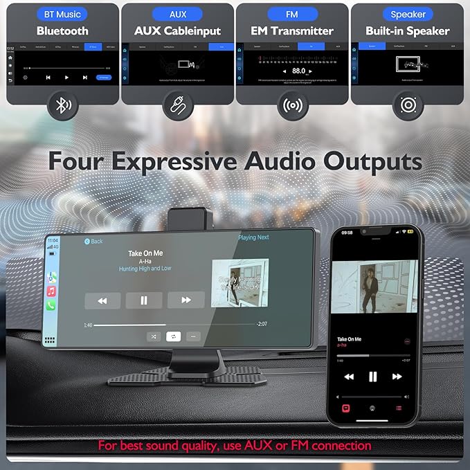 10.26" Portable Carplay Screen for Car, 4K HD Car Stereo Touch Screen with Apple CarPlay and Android Auto, 4K Dash Cam, 1080P Backup Camera, Mirror Link, Voice Control, Bluetooth, GPS, AUX/FM